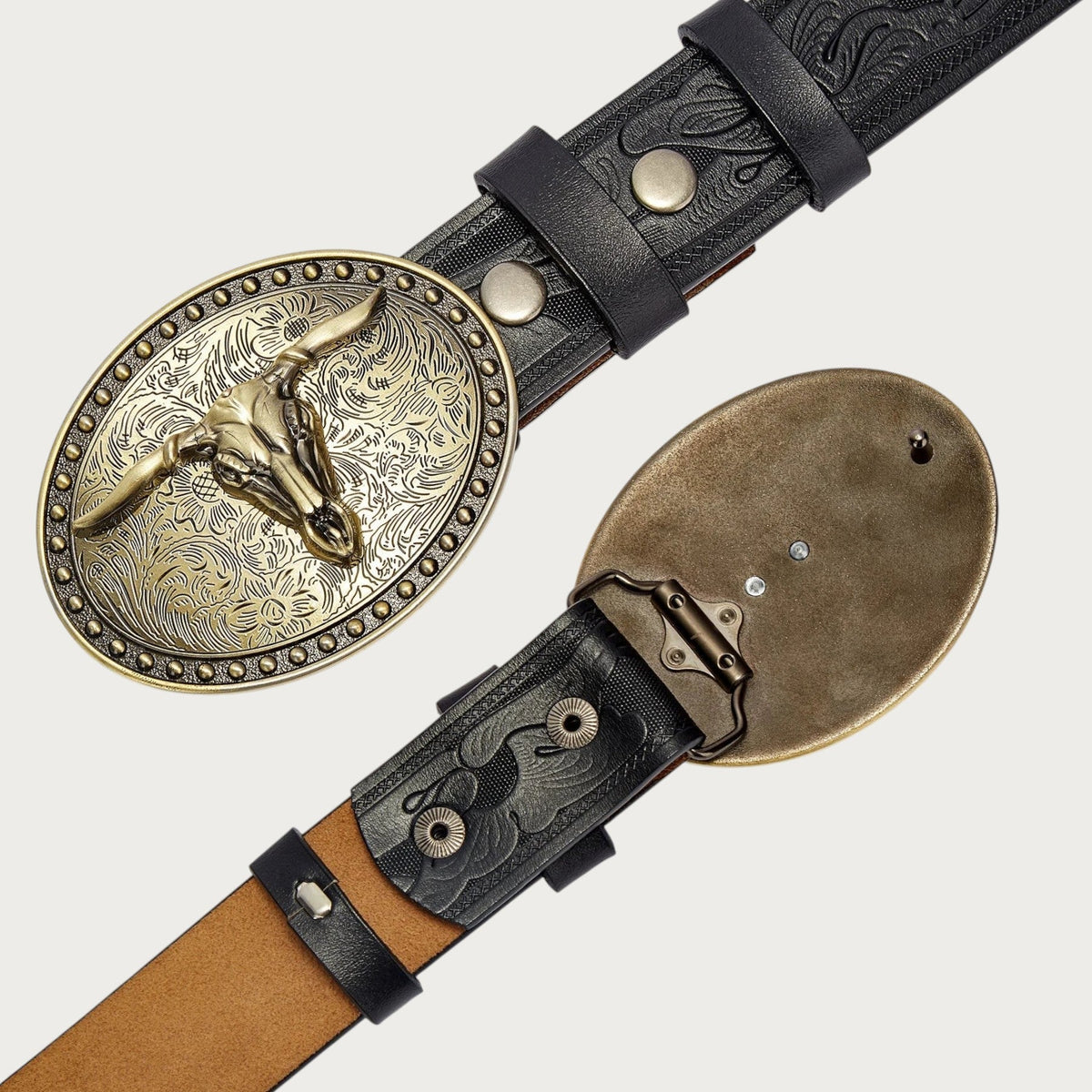 Ceinture western Ceintura en cuir noir gaufré avec boucle ovale dorée motif tête de taureau et détails floraux