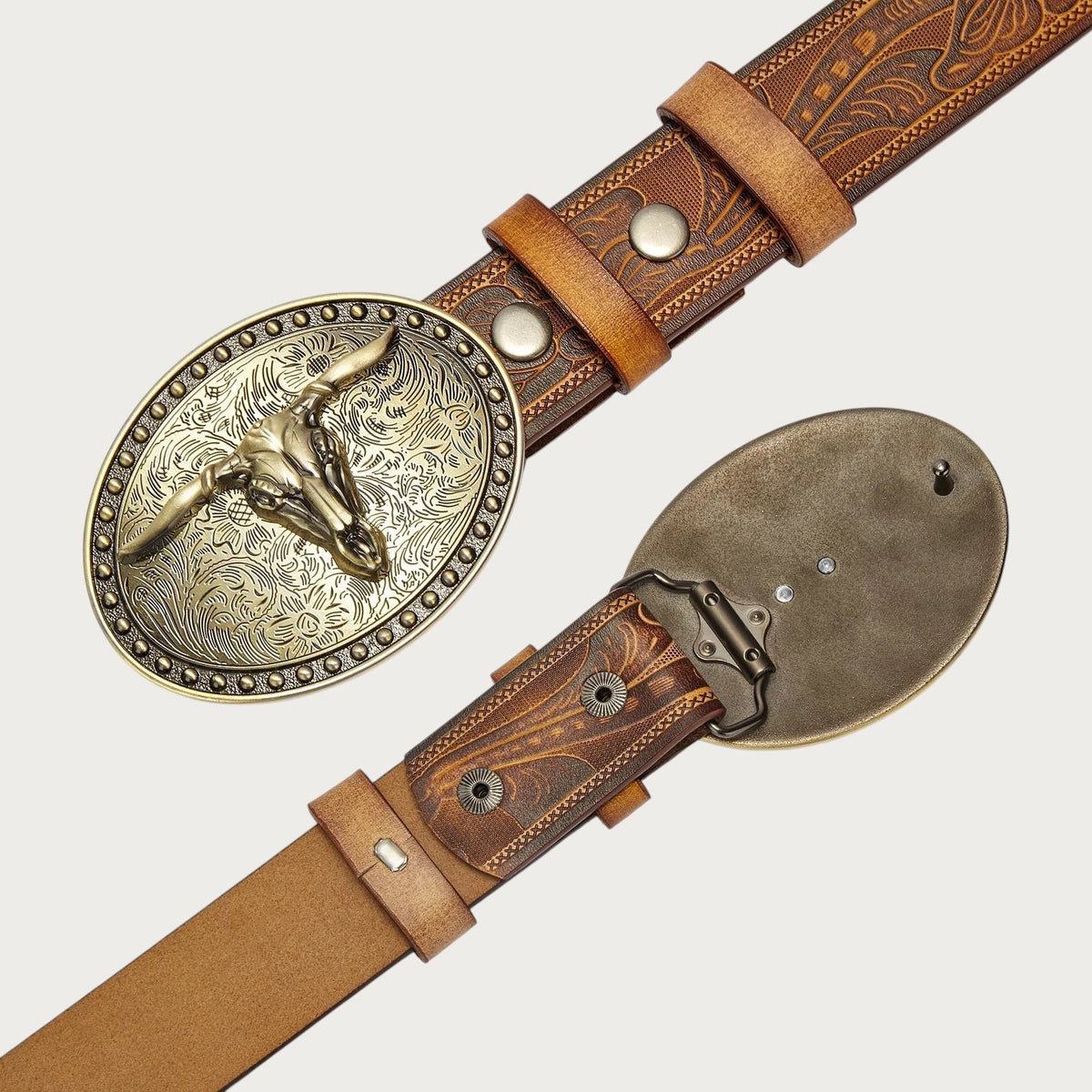 Ceinture western Ceintura en cuir marron avec boucle ovale dorée gravée d'une tête de taureau et motifs floraux