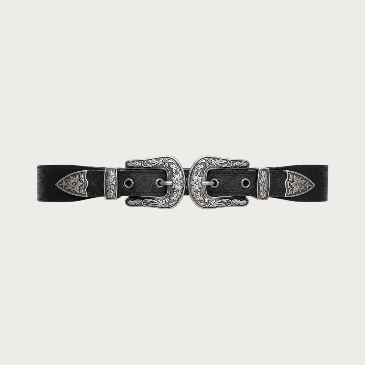 Ceinture Ceintura Allegria noire élastique avec double boucle western en métal argenté gravé de motifs floraux