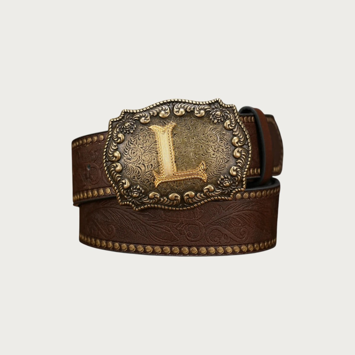 Ceinture Ceintura style western en similicuir marron avec boucle rectangulaire gravée et initiale L dorée Image