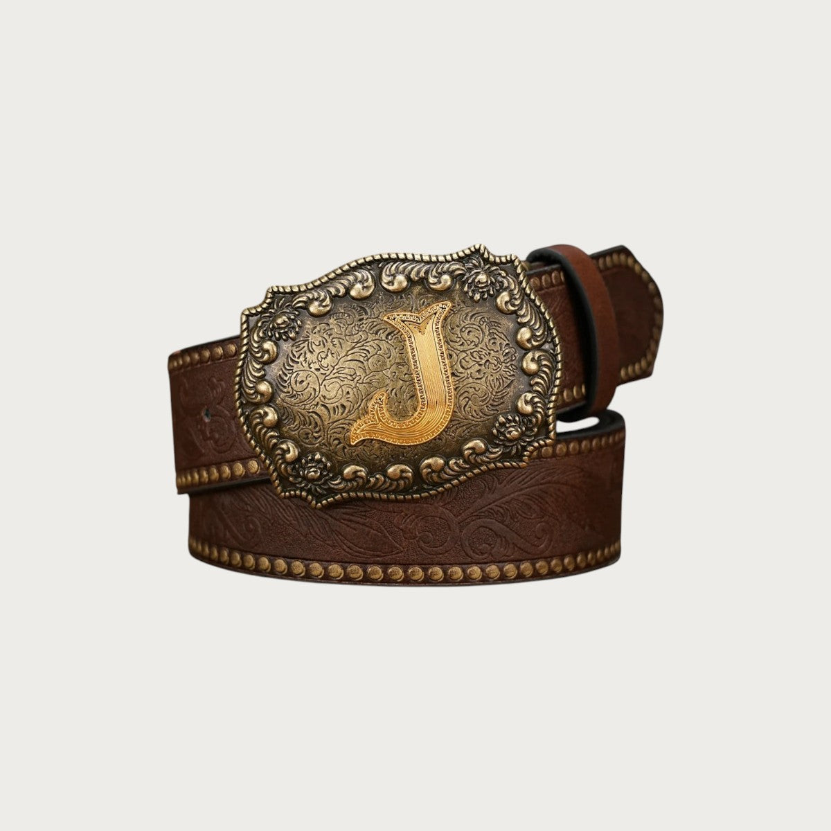 Ceinture western Ceintura en similicuir marron gaufré avec boucle rectangulaire dorée ornée d'une initiale J gravée