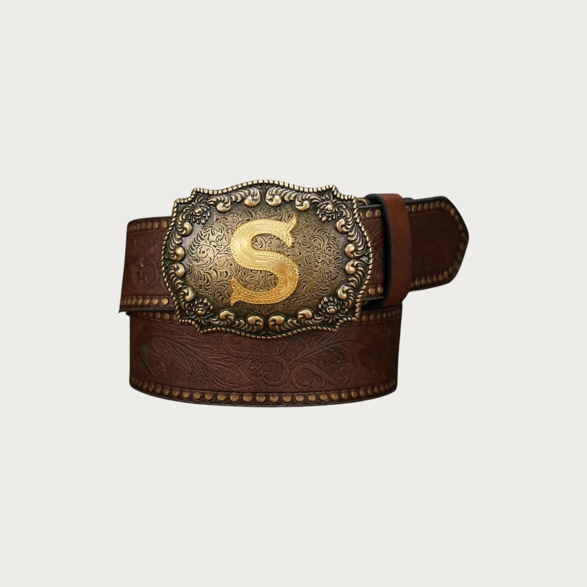 Ceinture western Ceintura en similicuir marron avec boucle rectangulaire gravée et initiale dorée S