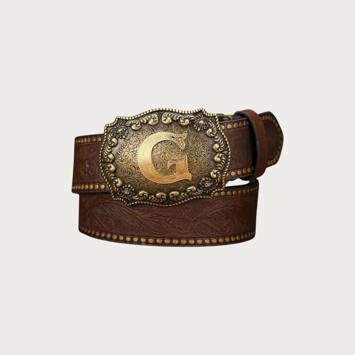 Ceinture western Ceintura en similicuir marron gaufré avec boucle rectangulaire dorée ornée de l'initiale G
