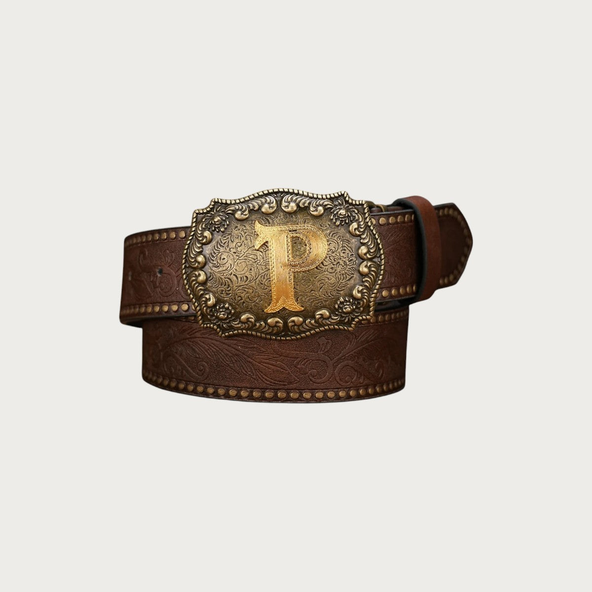 Ceinture western Ceintura en similicuir marron gaufré avec boucle rectangulaire dorée ornée de l'initiale P