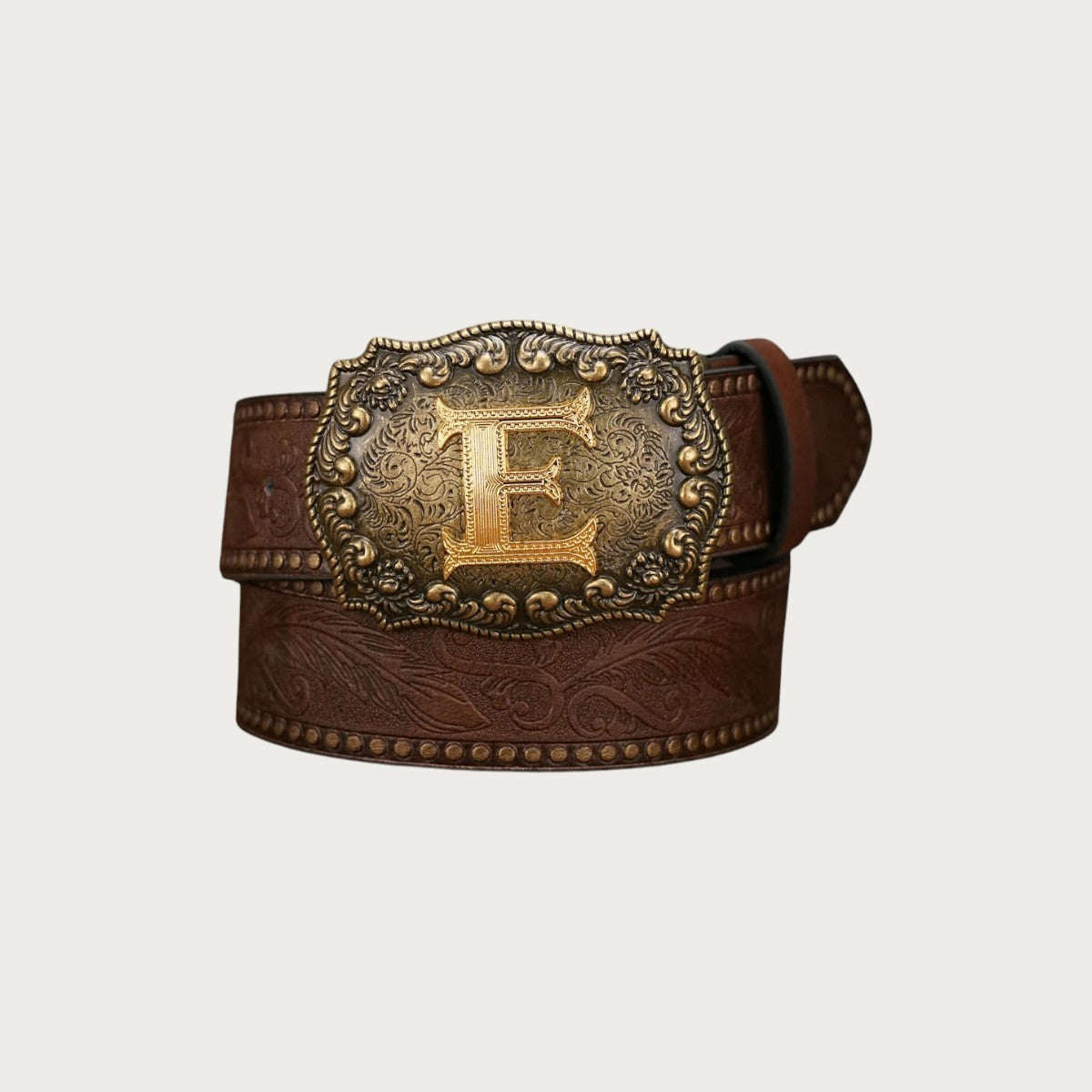 Ceinture western Ceintura en similicuir marron gaufré avec boucle rectangulaire dorée ornée de l'initiale E