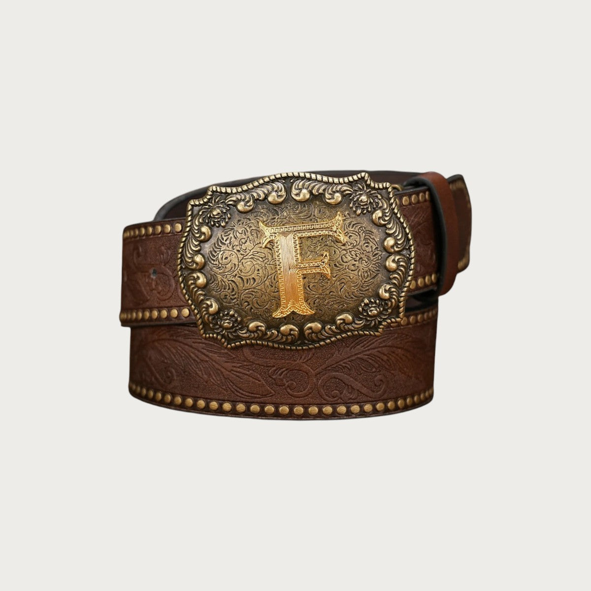 Ceinture western Ceintura en similicuir marron gaufré avec boucle rectangulaire dorée ornée d'une initiale gravée