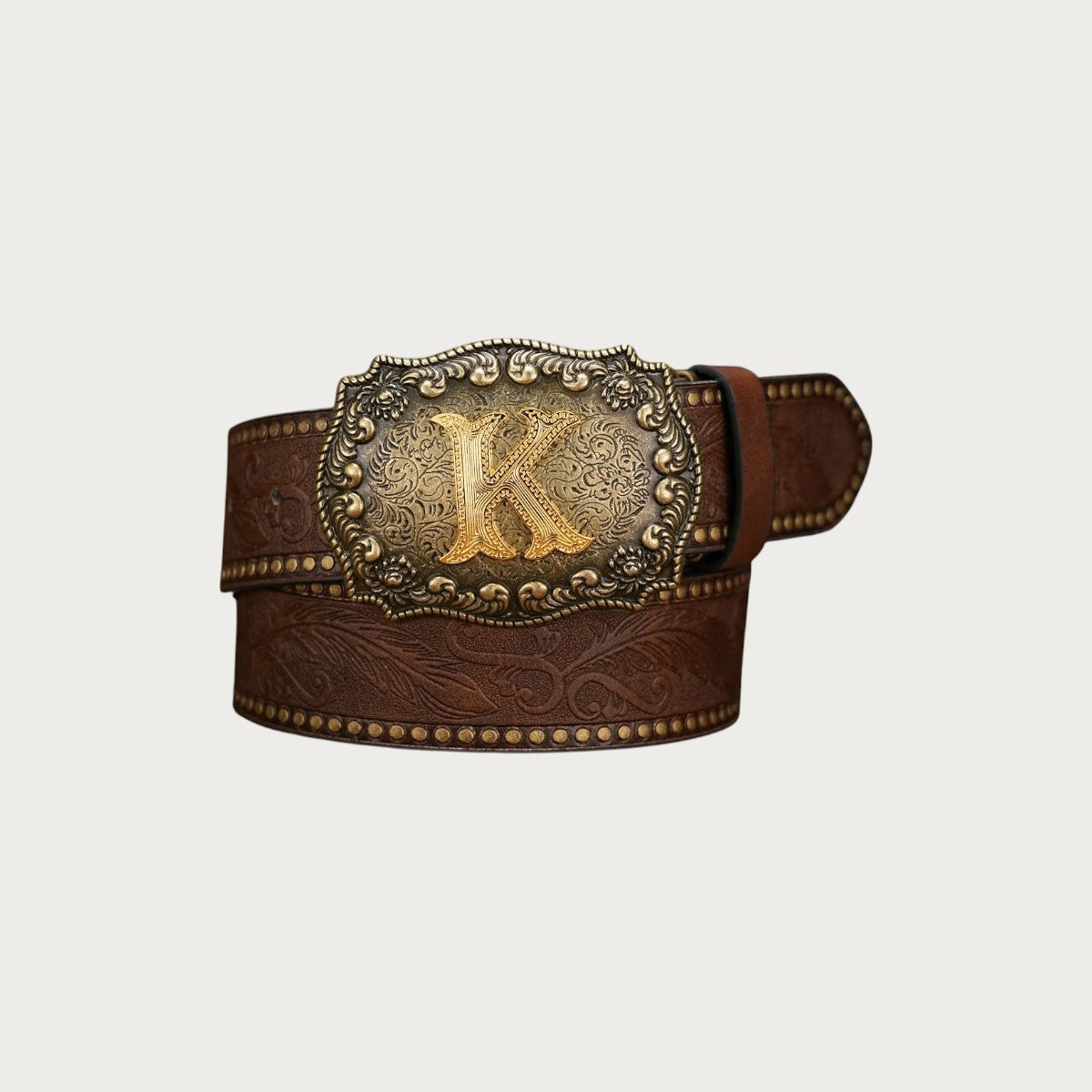Ceinture western Ceintura en similicuir marron gaufré avec boucle rectangulaire dorée ornée de l'initiale K