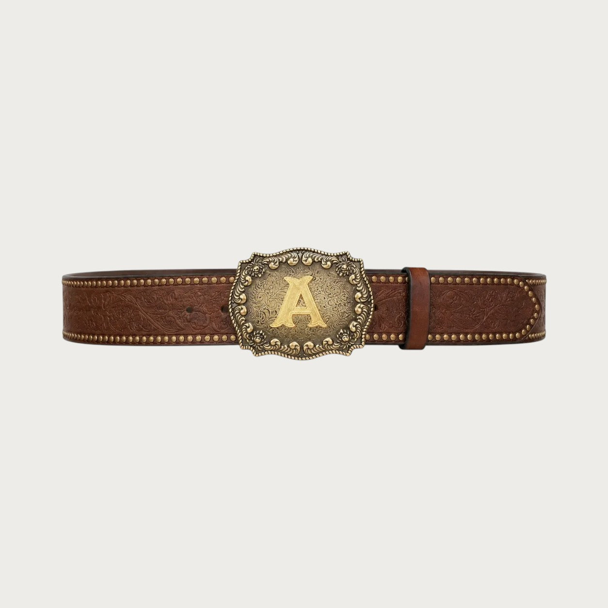 Ceinture western Ceintura en similicuir marron gaufré avec boucle rectangulaire dorée ornée d'une initiale A gravée Image