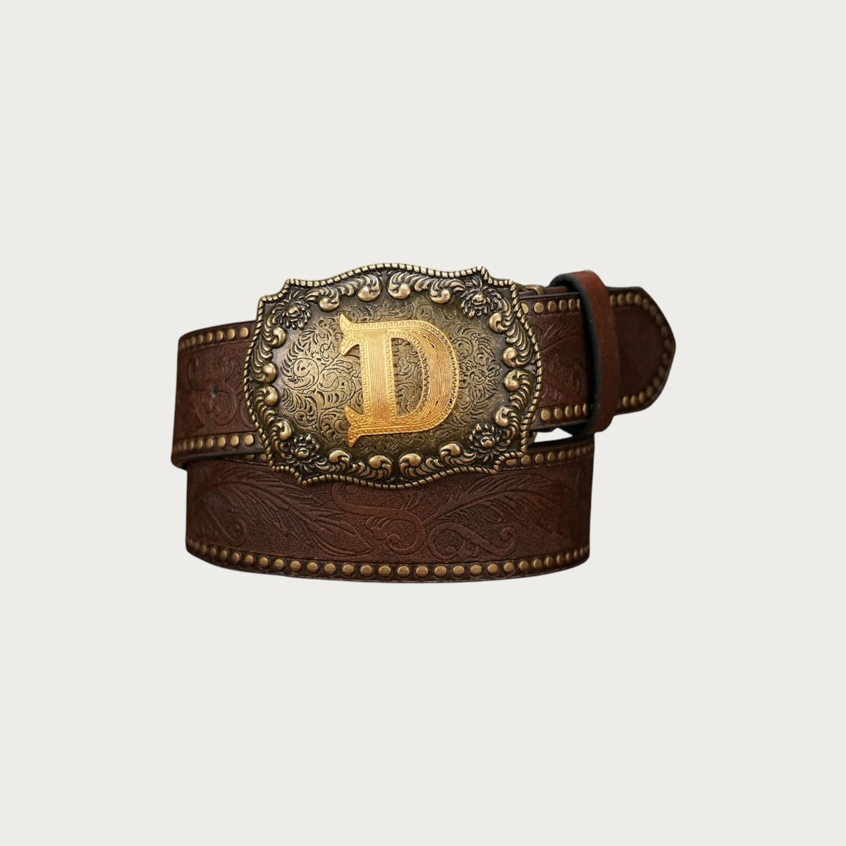 Ceinture western Ceintura en similicuir marron gaufré avec une boucle rectangulaire dorée ornée de l'initiale D