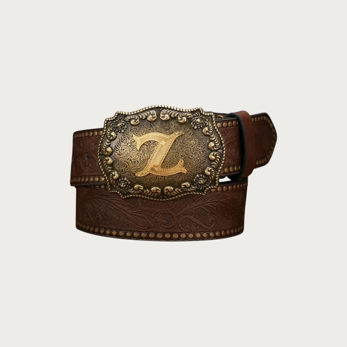Ceinture western Ceintura en similicuir marron avec boucle rectangulaire gravée et initiale Z dorée