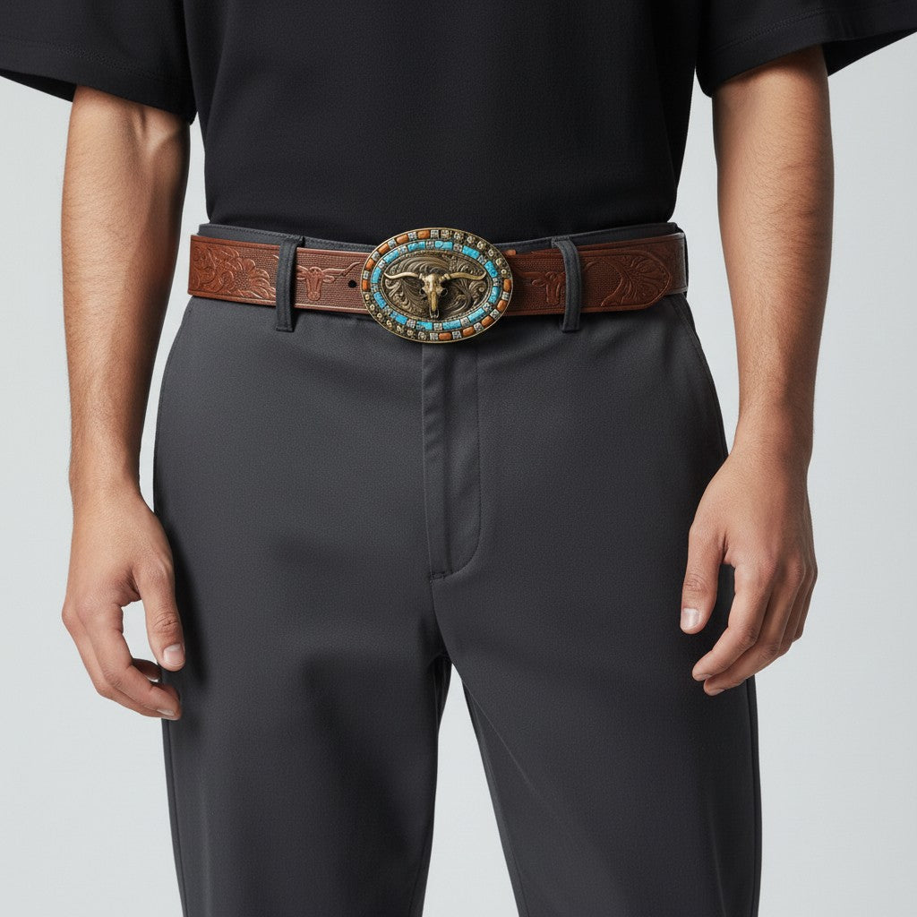 Ceinture Ceintura en similicuir marron avec boucle ovale western, tête de longhorn dorée et perles turquoise et ambre.