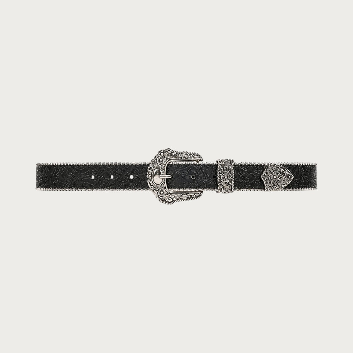Ceinture western noire Ceintura en similicuir embossé avec boucle ciselée en métal argenté et détails perlés