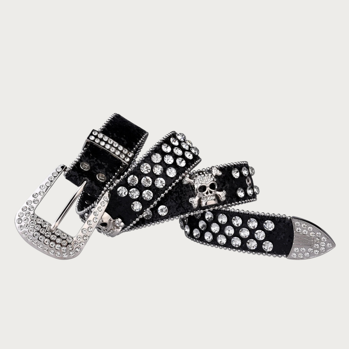 Ceinture Ceintura noire en similicuir style western avec strass brillants et motif tête de mort clouté