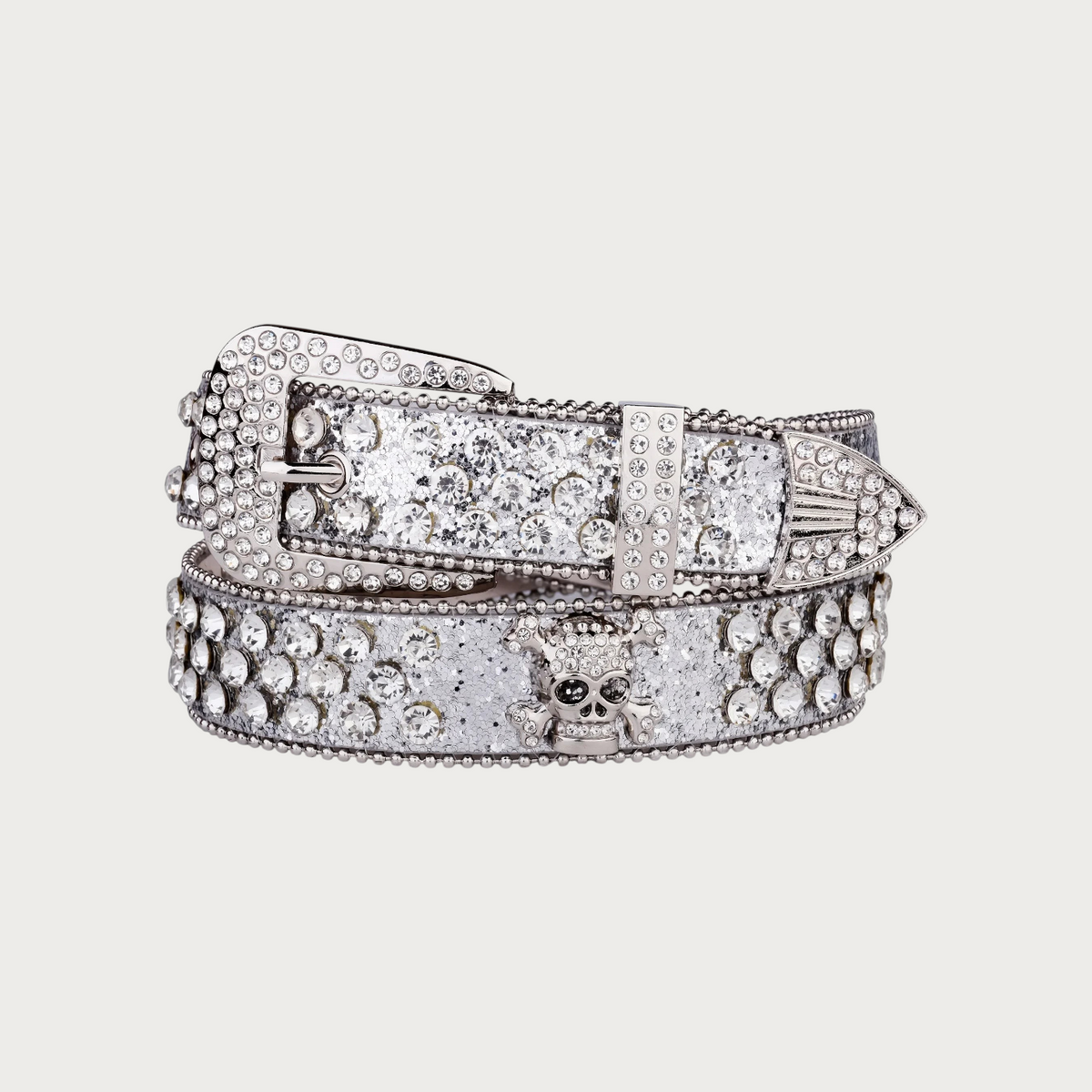 Ceinture Ceintura western pour femme en similicuir argenté avec strass scintillants et motif tête de mort