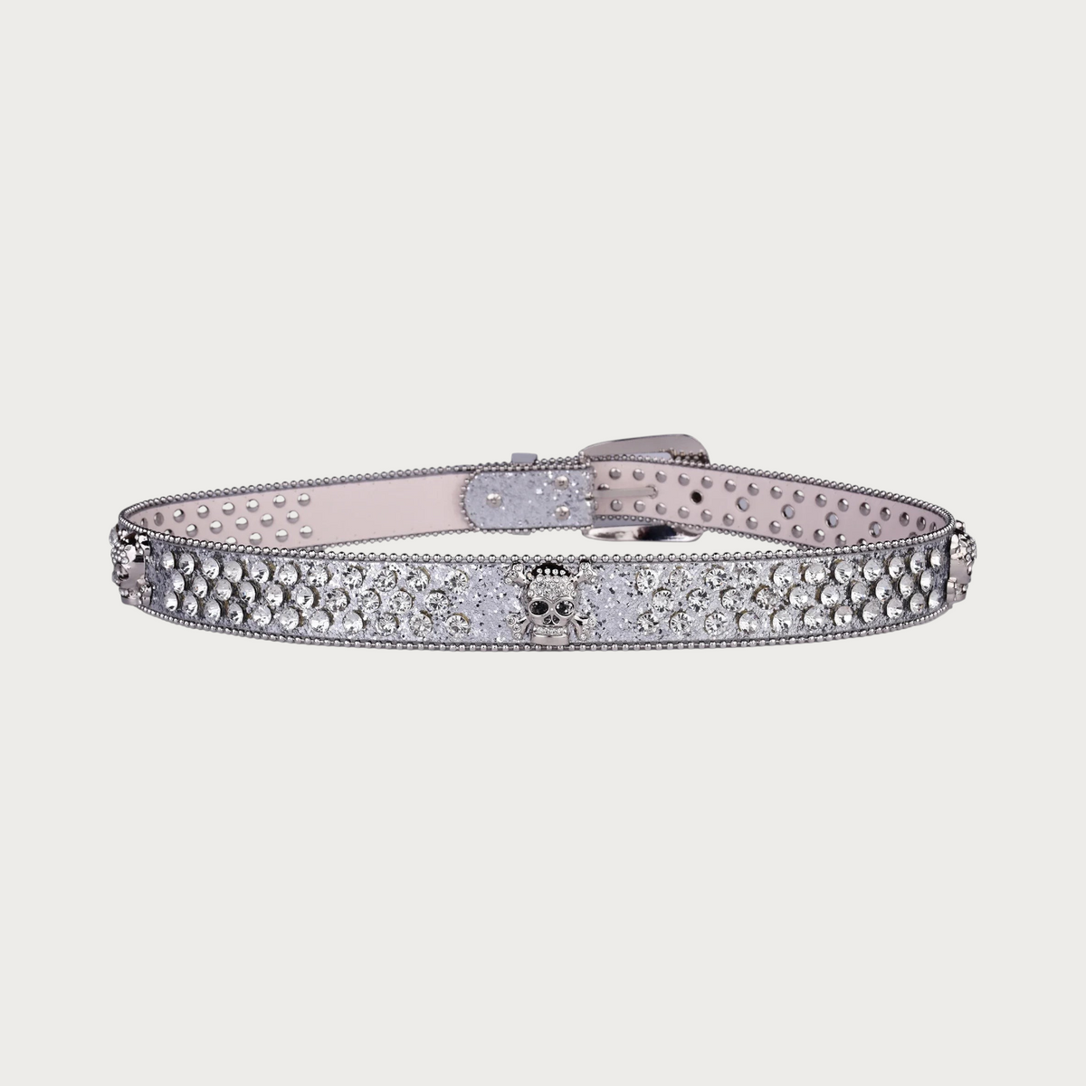 Ceinture Ceintura style western pour femme en similicuir argenté avec strass scintillants et motif tête de mort