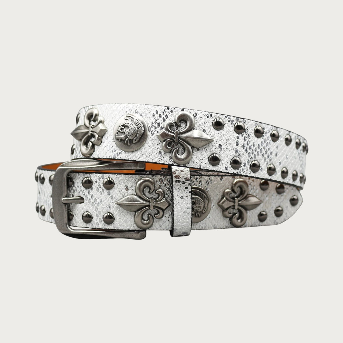 Ceinture Ceintura style Y2K en similicuir blanc effet serpent avec rivets métalliques et motifs croix fleur de lys