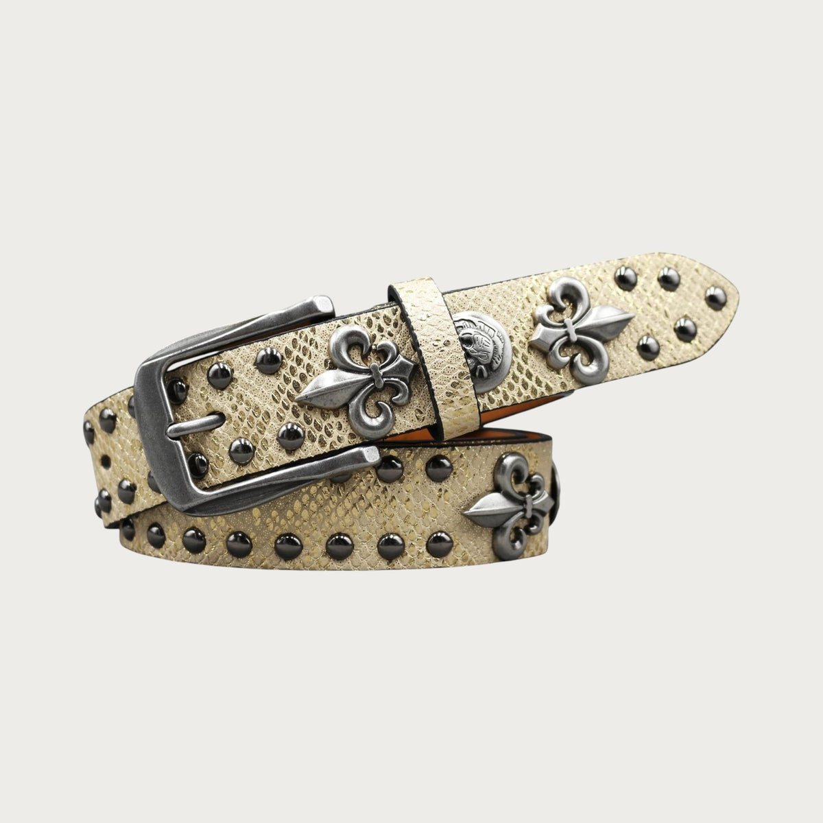 Ceinture Ceintura style Y2K dorée en similicuir avec rivets métalliques et motifs de croix fleur de lys