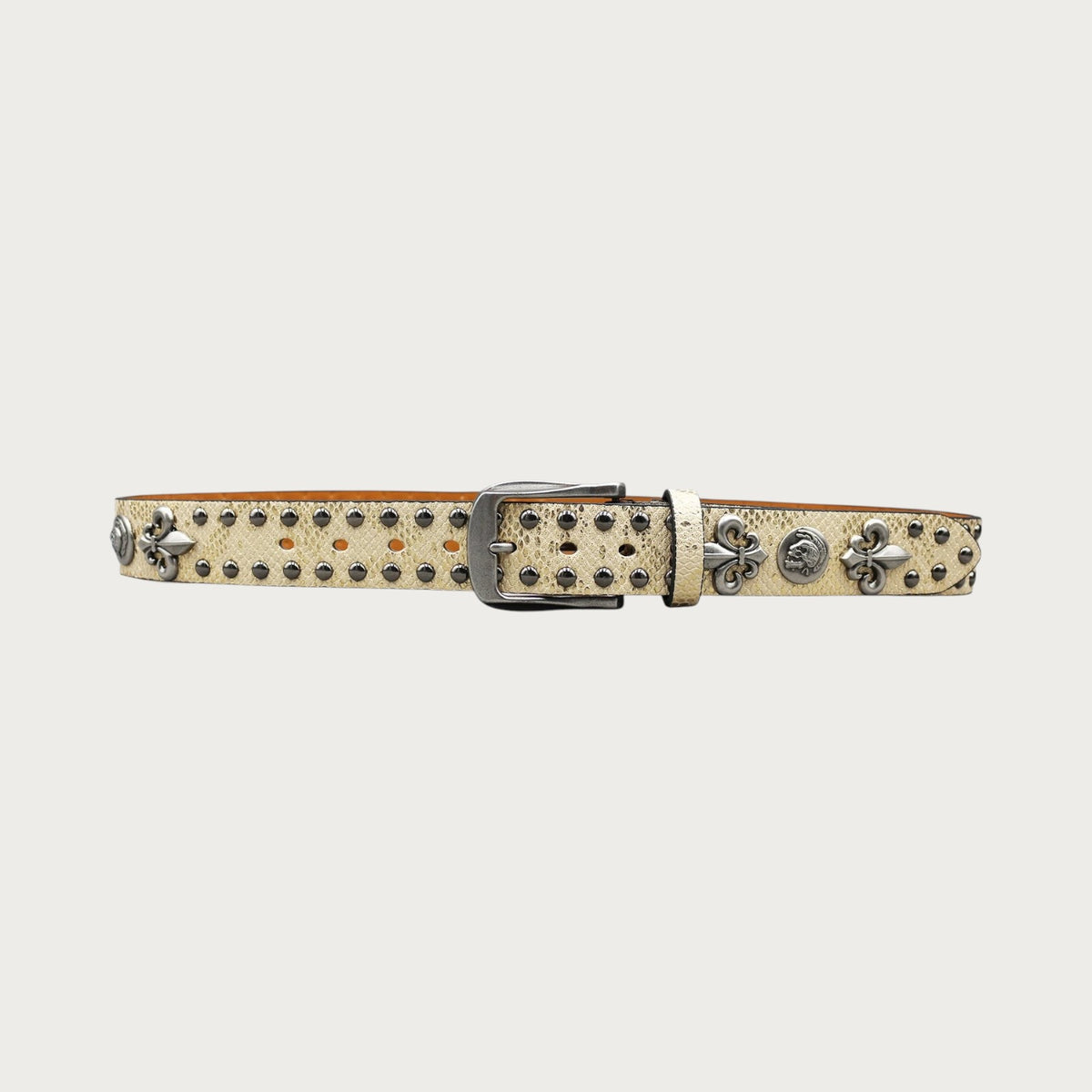 Ceintura ceinture en similicuir beige style Y2K avec rivets métalliques et ornements en forme de croix fleur de lys