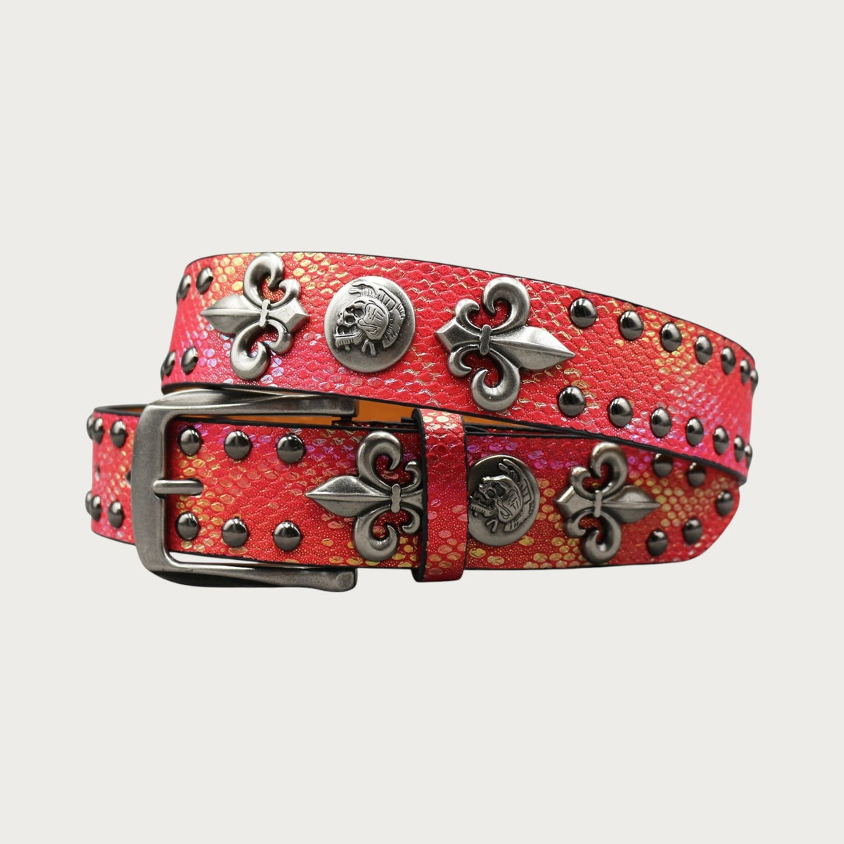 Ceinture Ceintura style Y2K en similicuir rouge texturé avec rivets, croix et motifs tête de mort pour femme