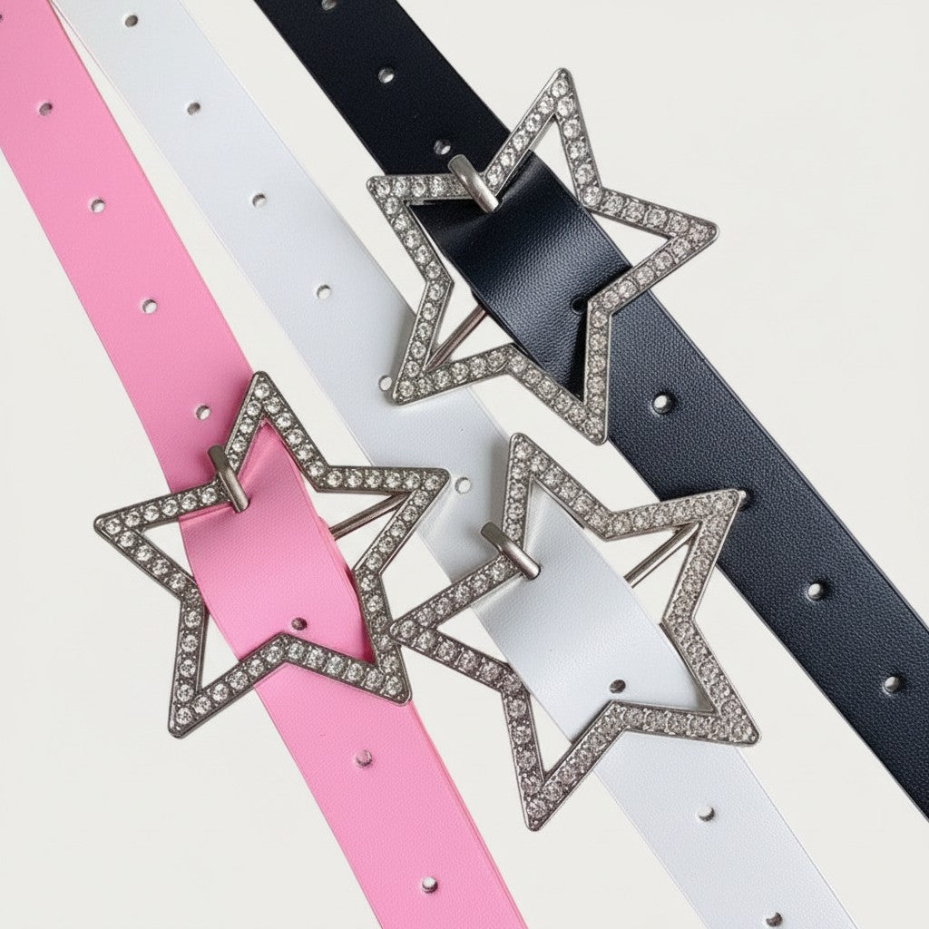 Ceintura ceintures en similicuir rose, blanc et noir avec boucle en forme d'étoile scintillante ornée de strass