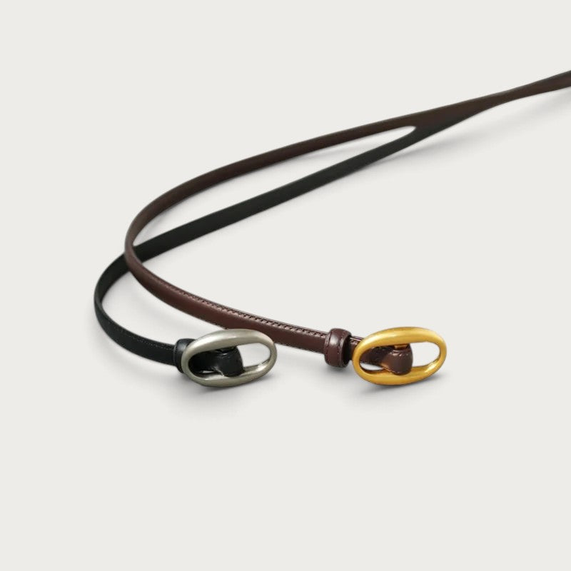 Ceintura Capri, deux ceintures fines en cuir noir et marron avec boucles ovales minimalistes dorée et argentée