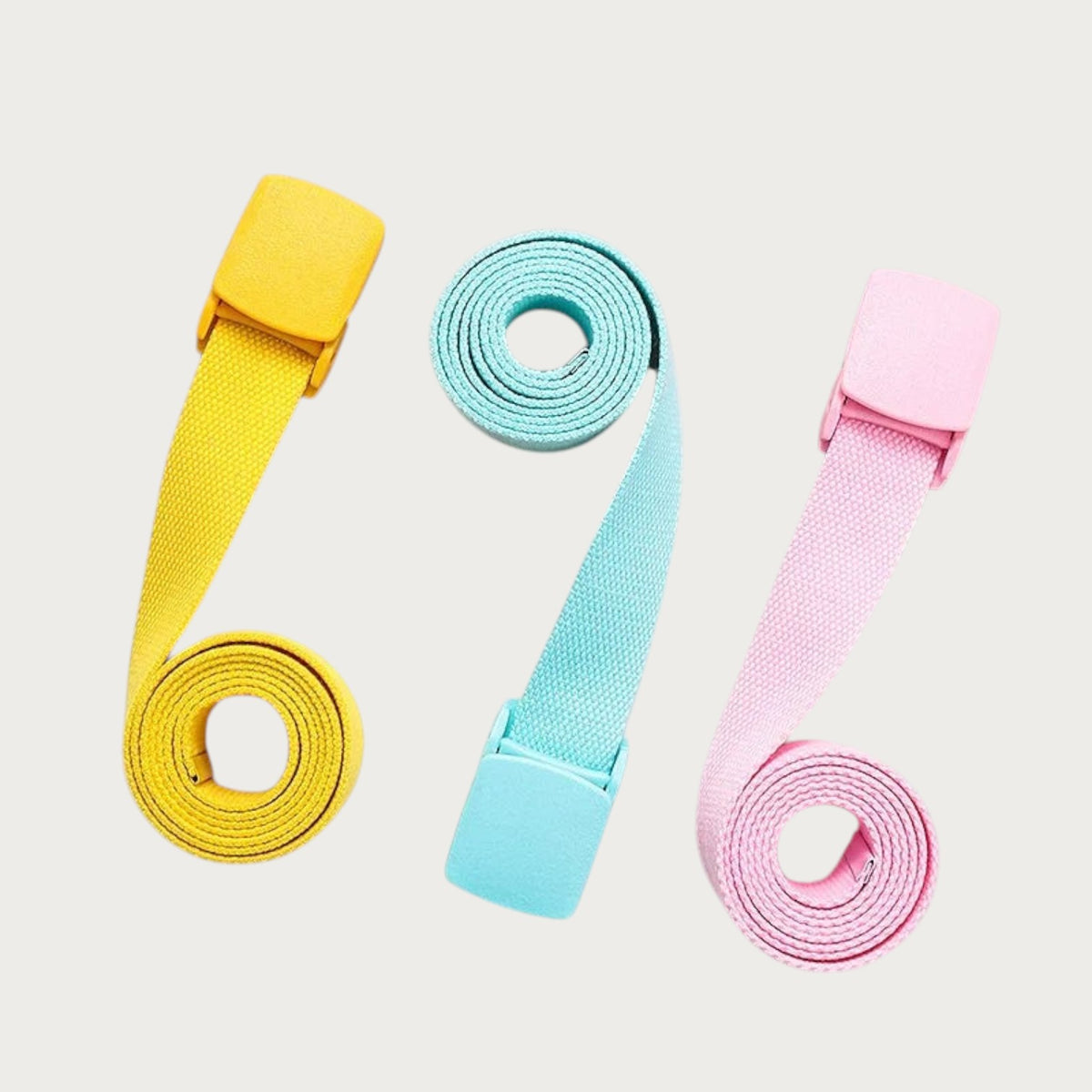 Ceintura lot de trois ceintures tactiques en toile colorée jaune, bleu ciel et rose avec boucles en plastique léger