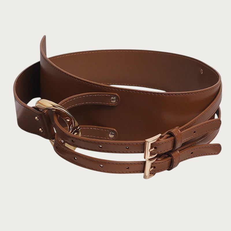 Ceintura large ceinture obi marron en cuir de vachette avec double boucle dorée pour femme