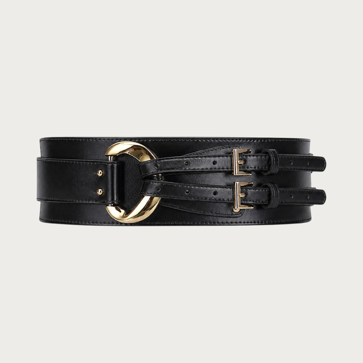 Ceintura large ceinture noire en cuir véritable avec boucle métallique dorée et double sangle réglable